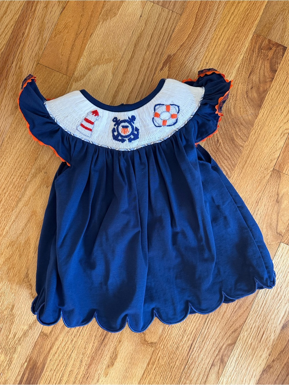 Smocked Nautical Ruffle Dress Orange & Blue